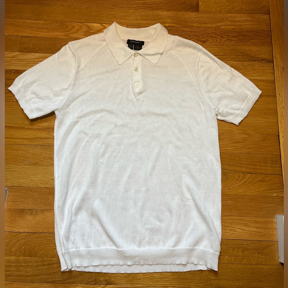 Classic DKNY Men’s White Polo Shirt with Woven Mesh Detail
